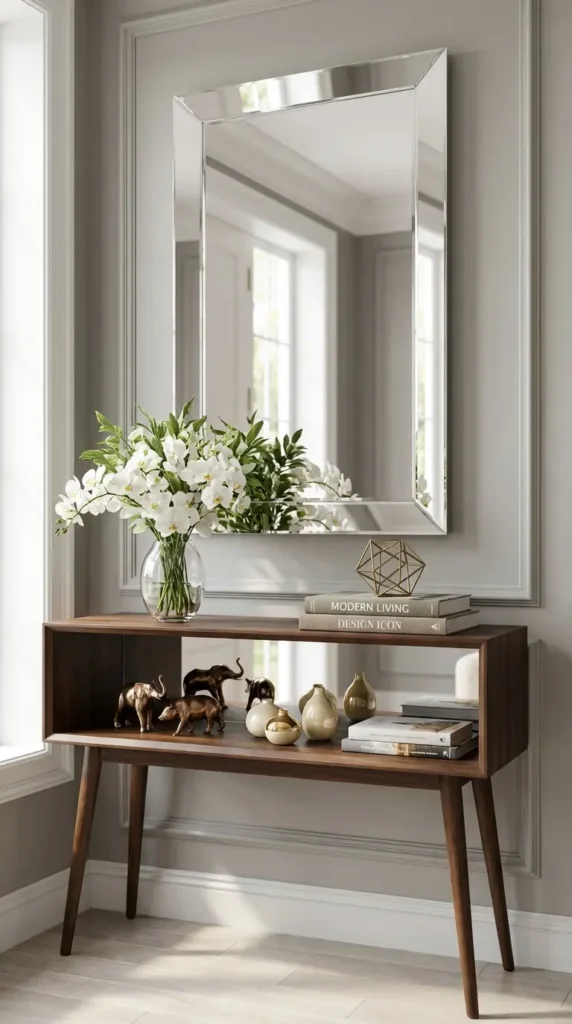 Lower-Shelf Art Objects Reflecting in Wall Mirror