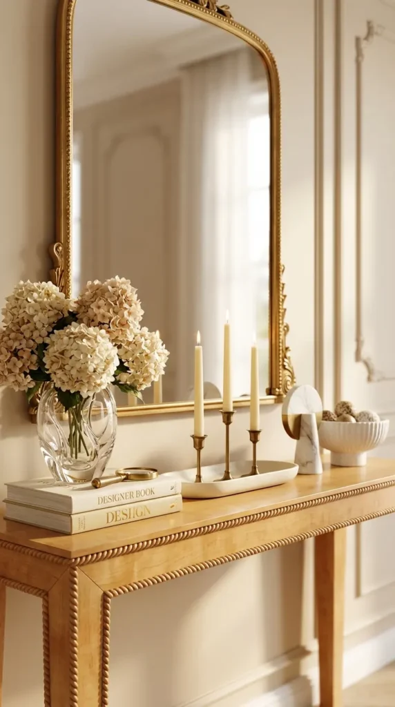 Luminous Maple Wood Console With Hydrangeas and Tall Candles