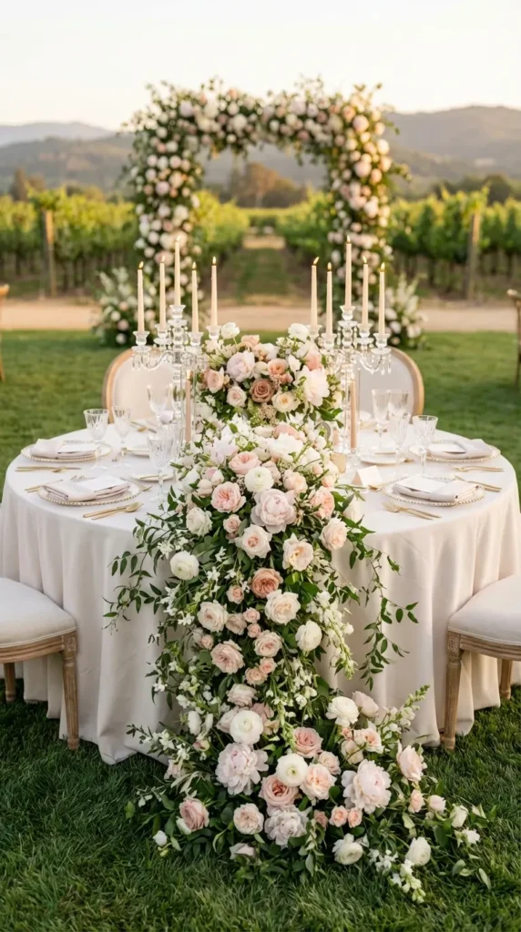 Lush Floral Garland Draped Across the Sweetheart Table