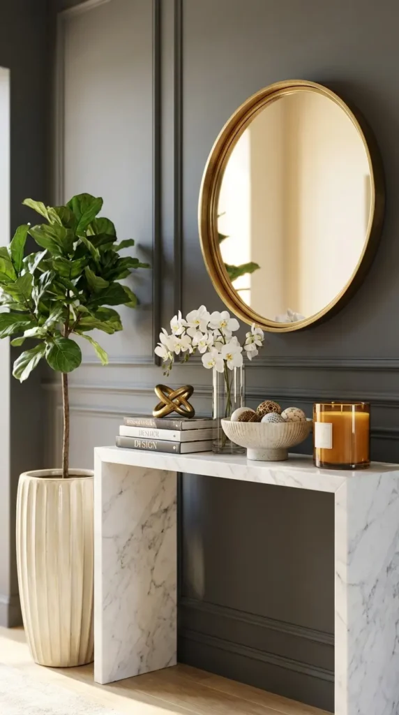 Marble Console Featuring Large Greenery Planters