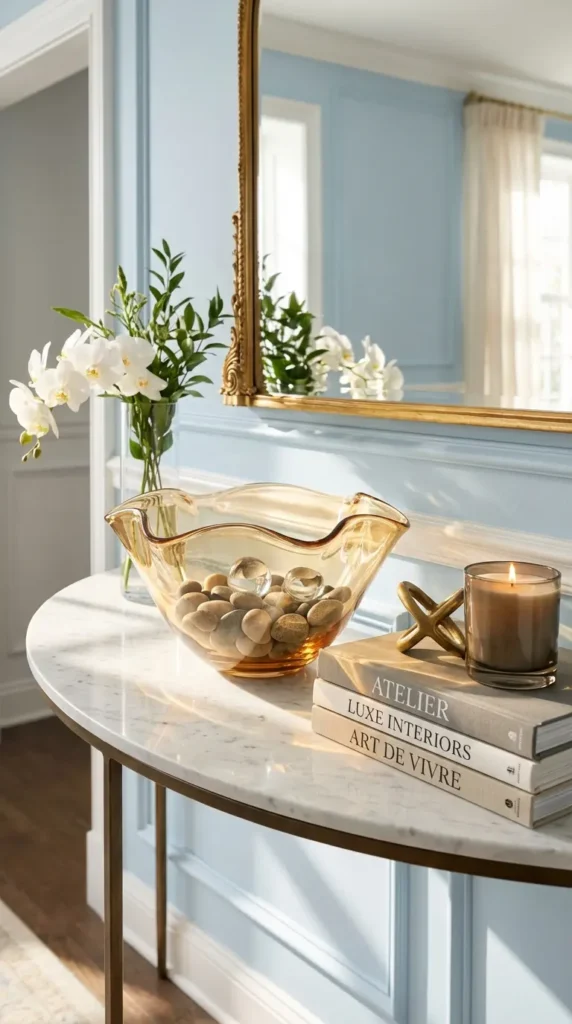 Marble Console With Decorative Glass Bowl Centerpiece