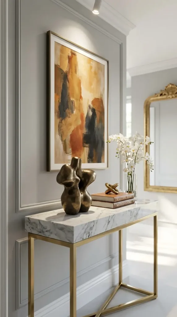 Marble Console With Decorative Sculptures and Abstract Art