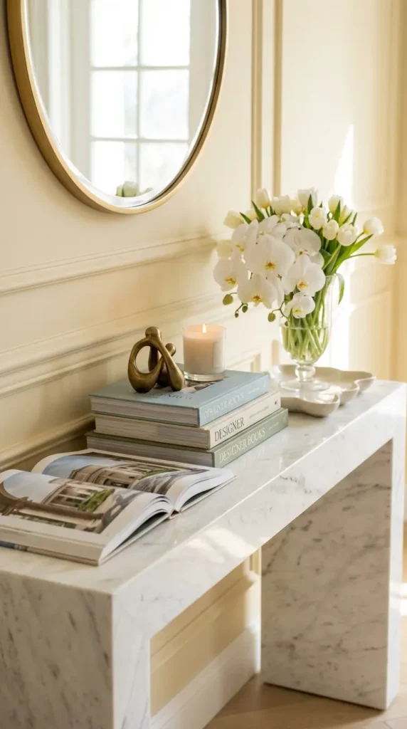 Marble Console With Stacked Coffee Table Books