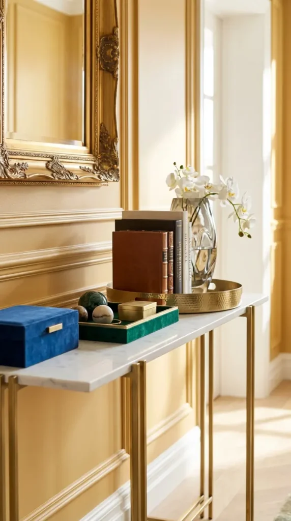 Marble Console With Velvet Accents and Textured Trays