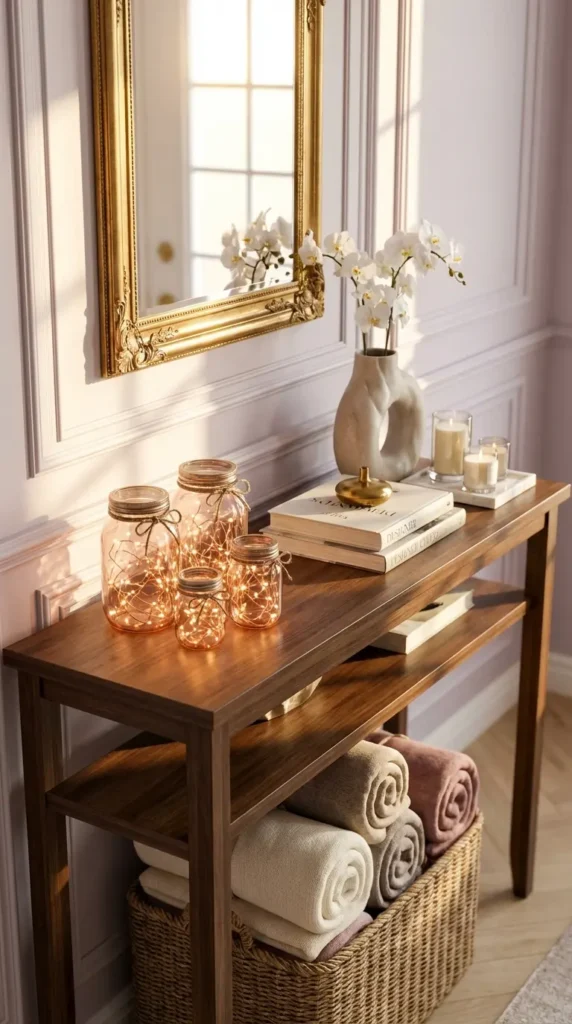 Mason Jars With Fairy Lights and Rolled Blankets