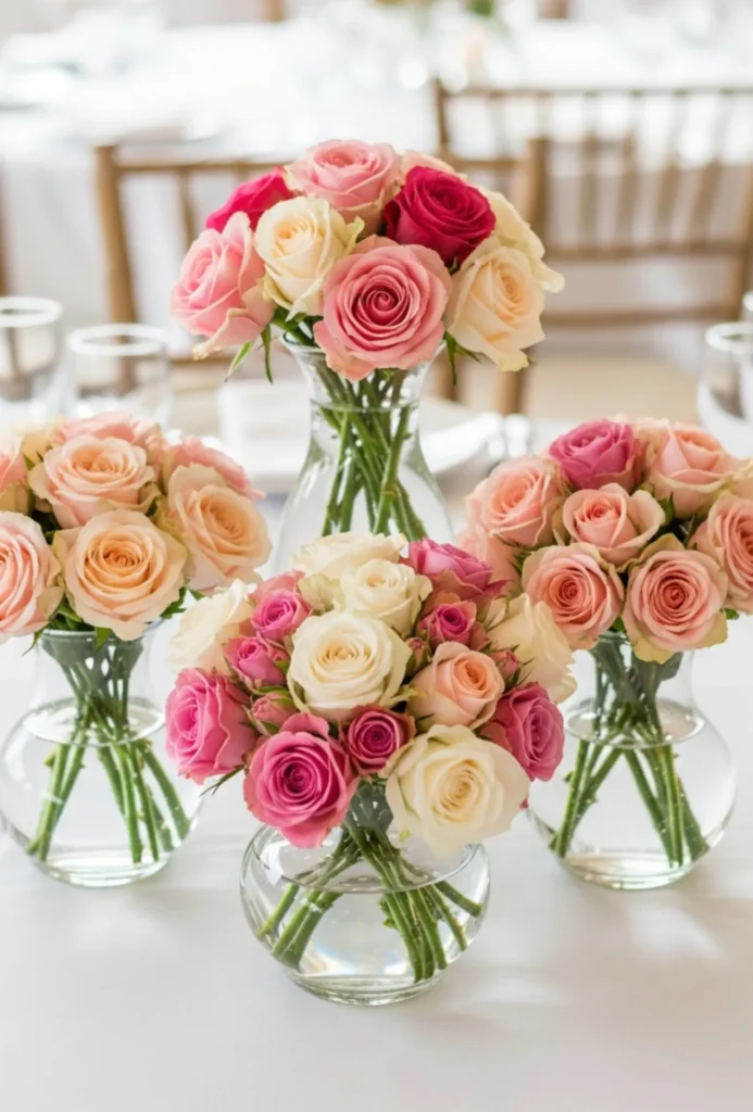 Mini Rose Clusters in Grouped Vases