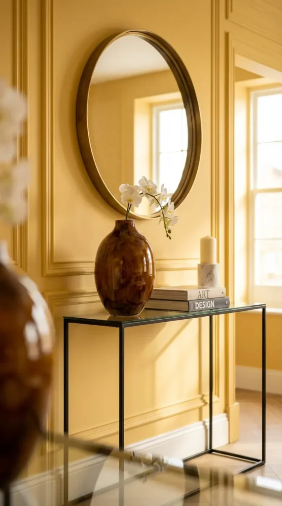 Minimal Glass Console With Black Frame and Single Statement Vase