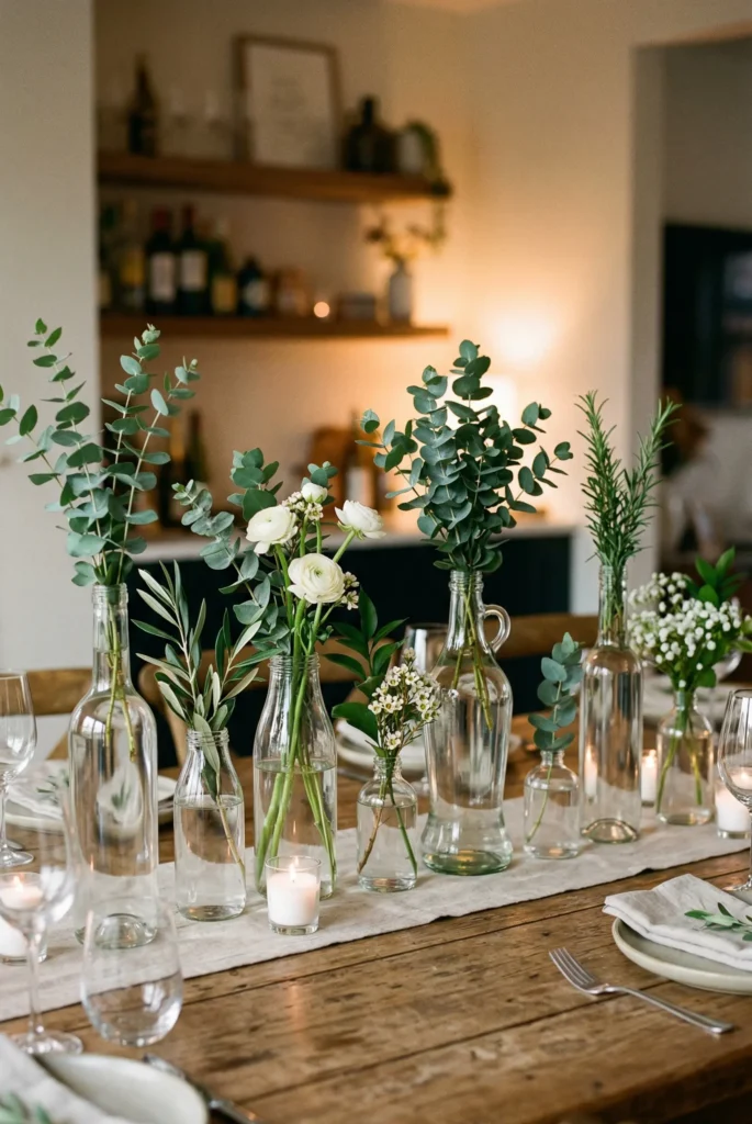 Minimal Greenery in Clear Bottles Centerpieces