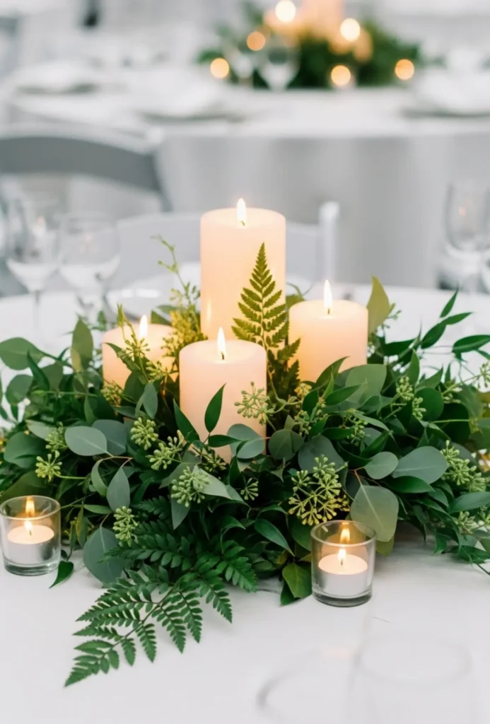Minimalist Greenery and Candle Cluster Centerpieces