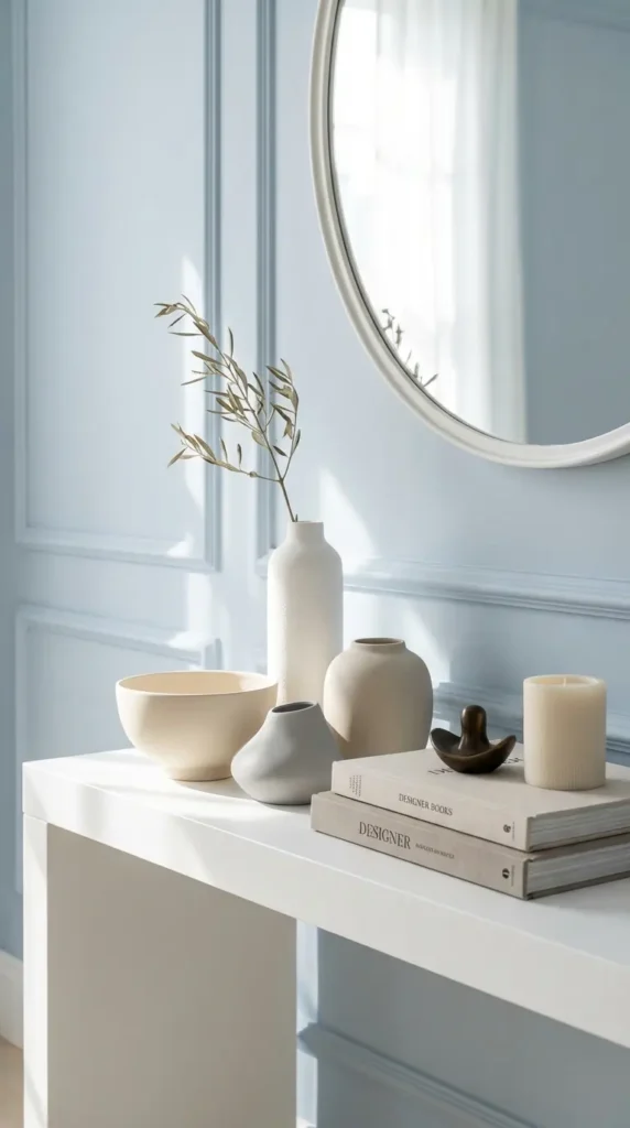 Minimalist White Console with Sculptural Ceramic Vases