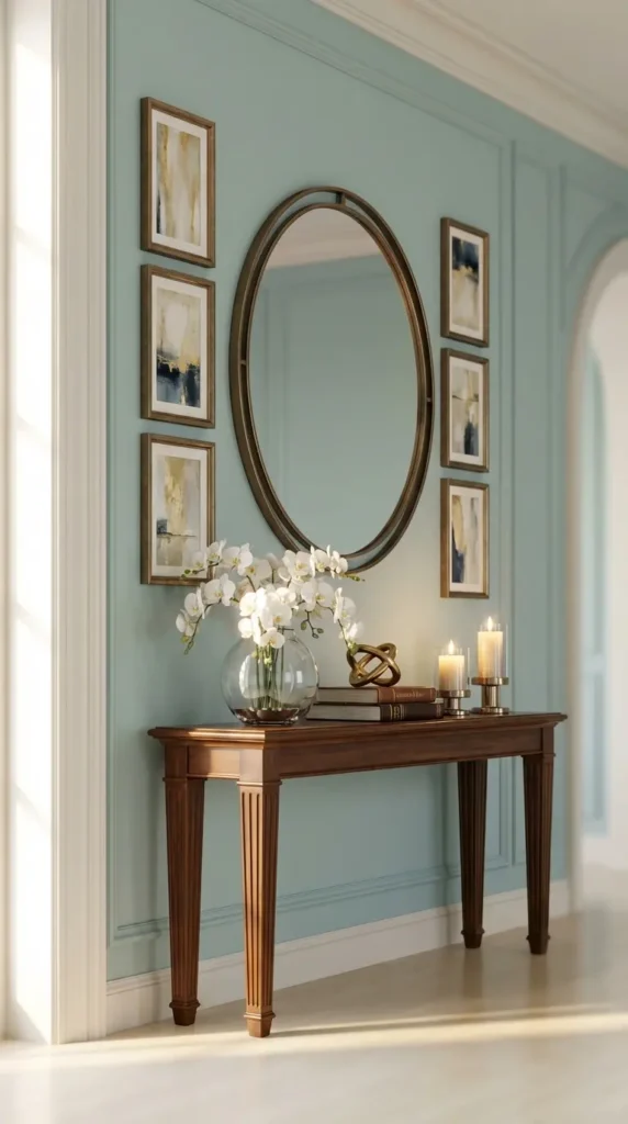 Mirror With Metallic Frame and Coordinated Wall Art Trio