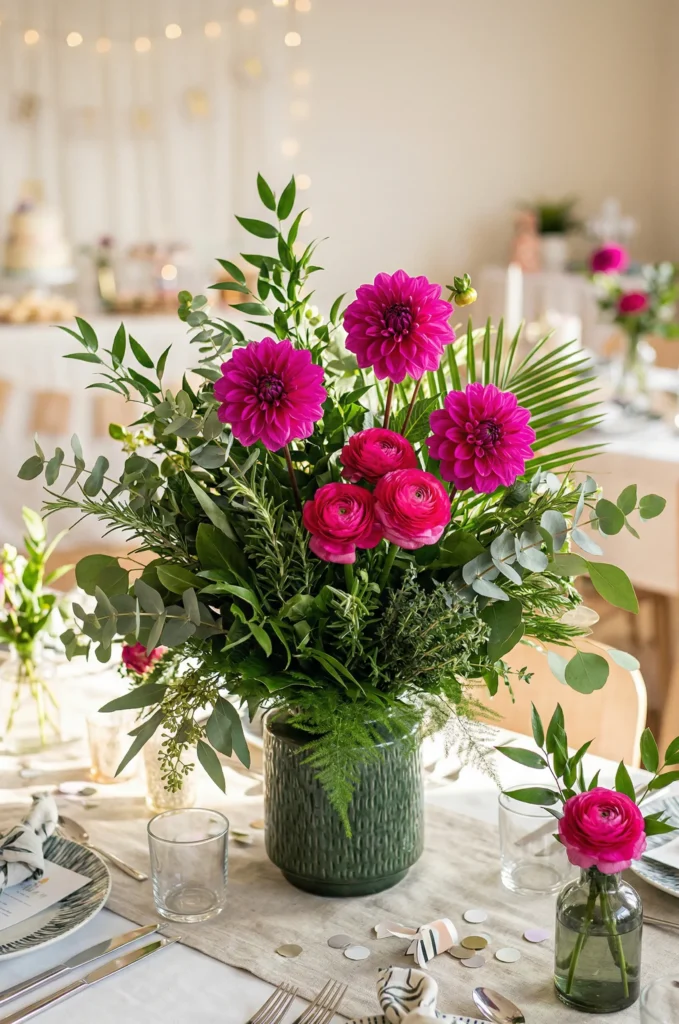 Mixed Greenery & Pop-Color Blooms