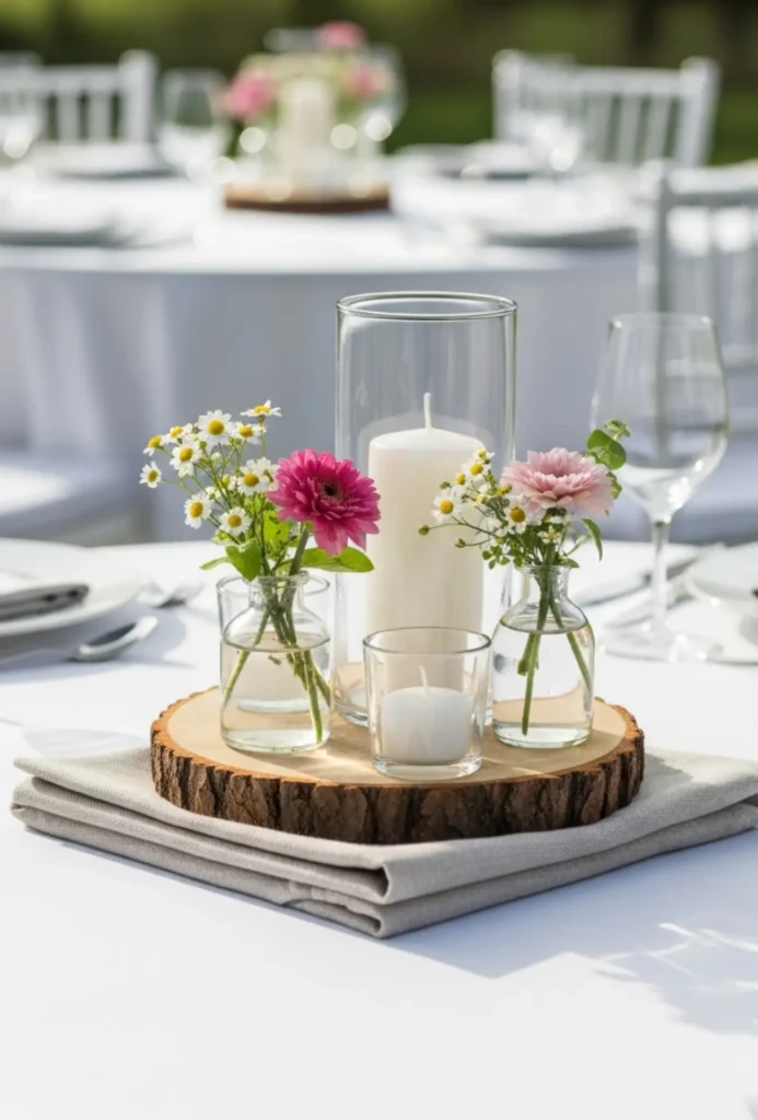 Mixed Texture Centerpieces with Linen, Wood and Glass