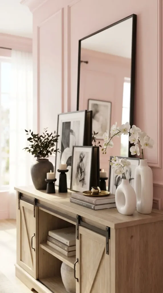 Modern Console With Monochrome Artwork and Thin Frame Mirror