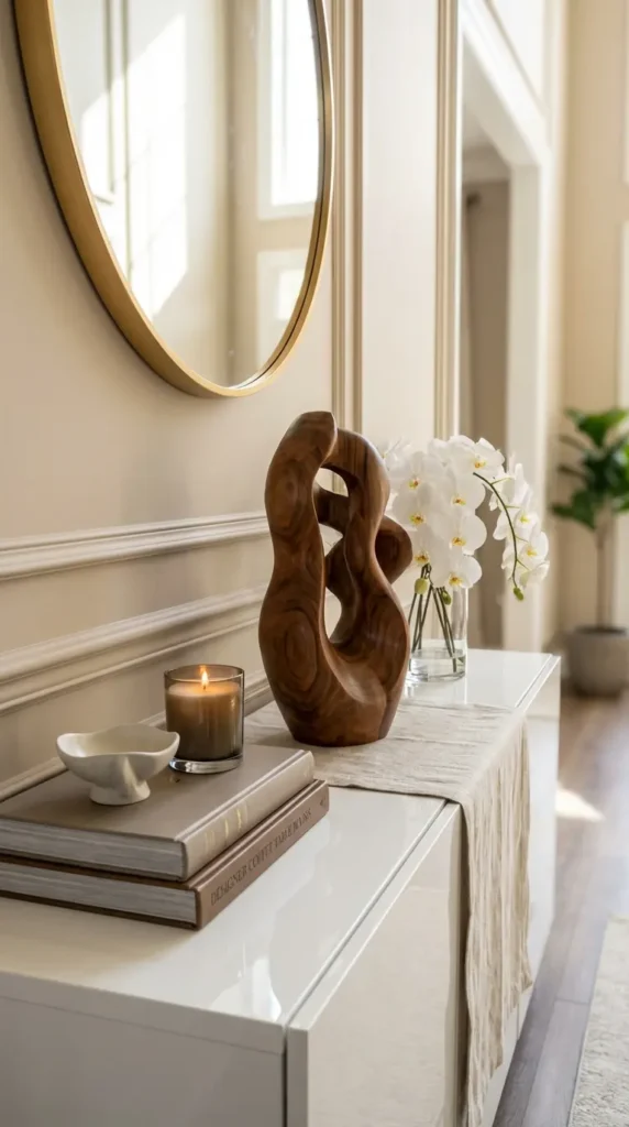 Modern White Console with Abstract Sculpture Display