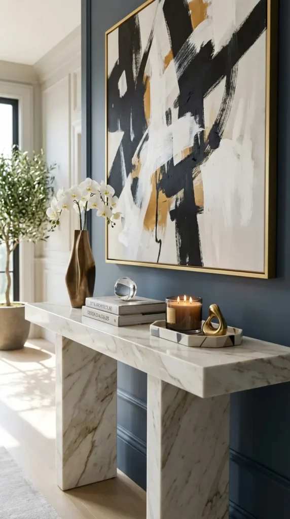 Monolithic Marble Console Paired With Large Wall Art