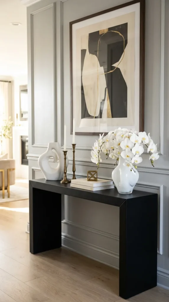 Moody Modern Black Console with Sculptural Accessories