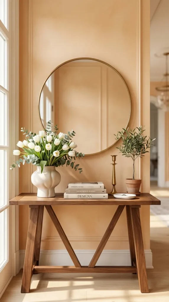 Natural Wood Console With Round Mirror