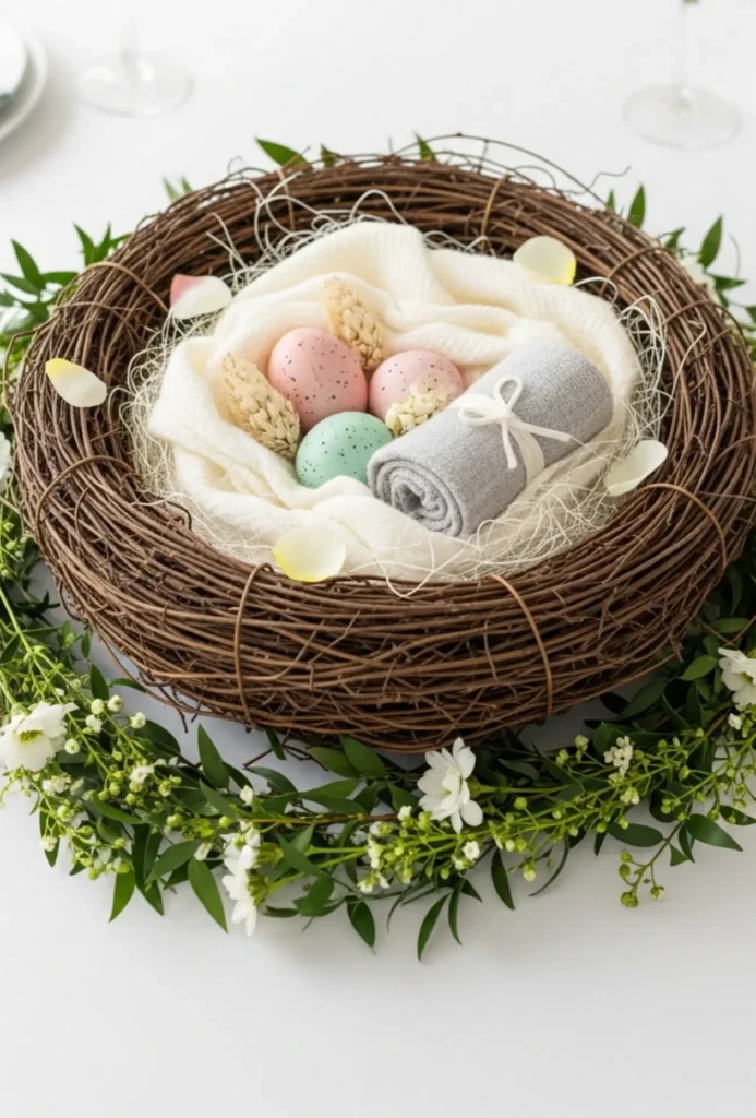 Nest Inspired Cozy Fabric and Eggs Centerpieces
