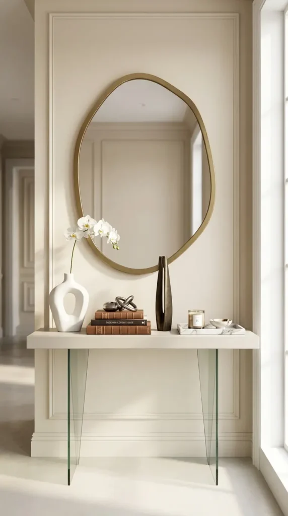 Organic Shaped Mirror for a Modern Artistic Console Setup