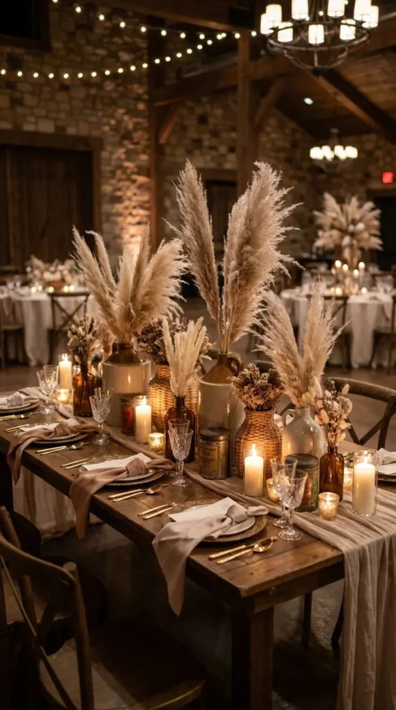 Pampas Grass in Mismatched Boho Vessels