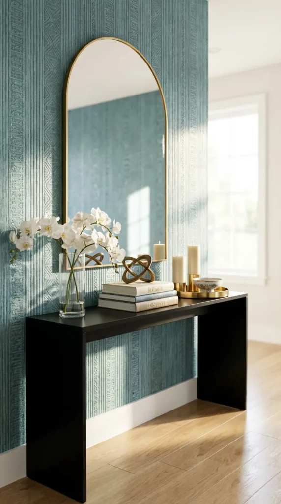 Patterned Accent Wall With Mirrored Console
