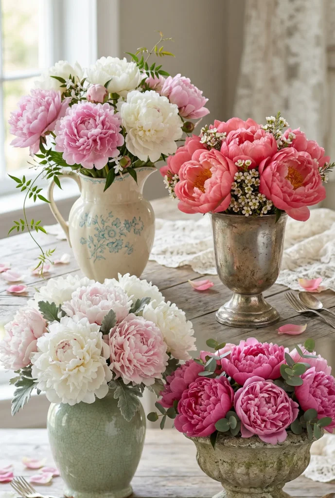 Peonies in Vintage-Style Vessels