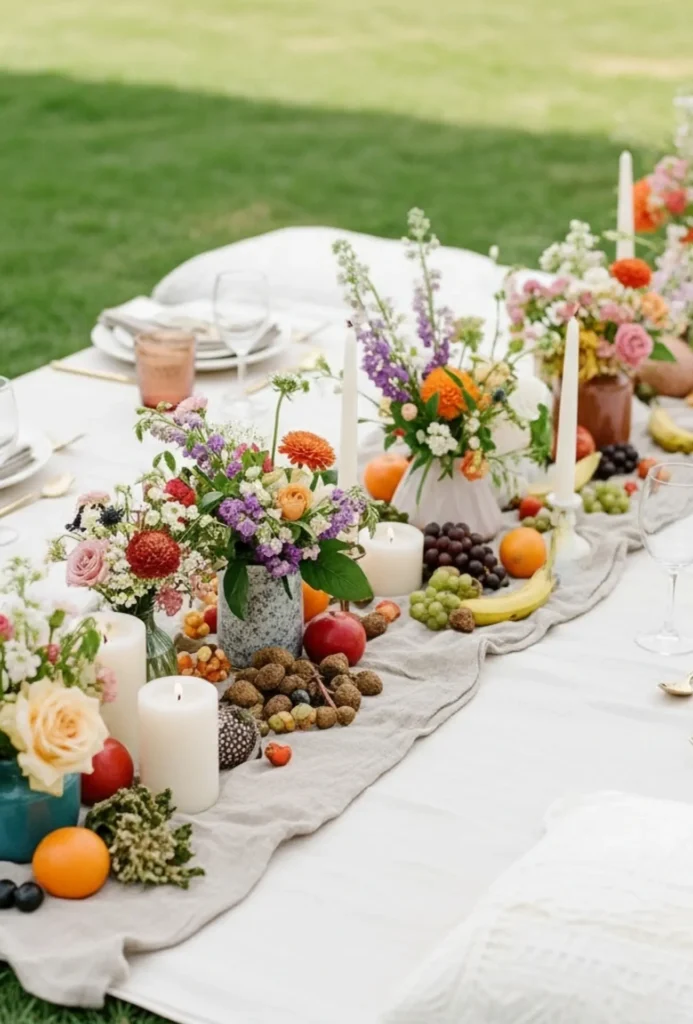 Picnic Style Low Table Centerpieces with Layered Decor
