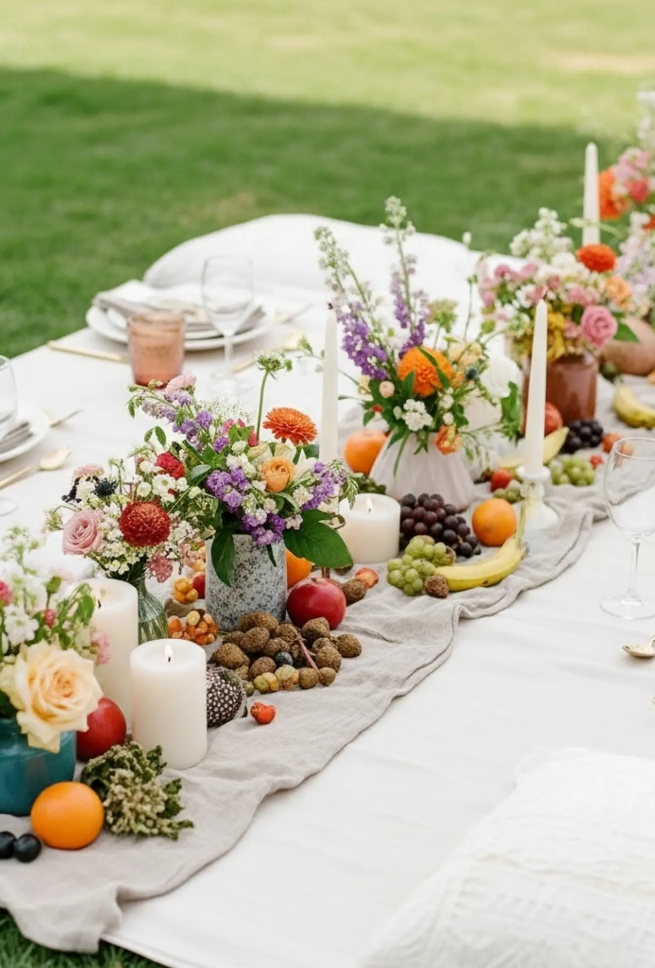 Picnic-Style Low Table Centerpieces with Layered Decor
