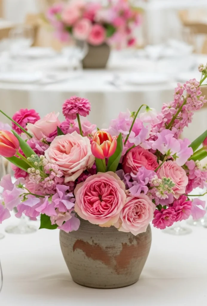 Pink Mixed Stems in Rustic Vase