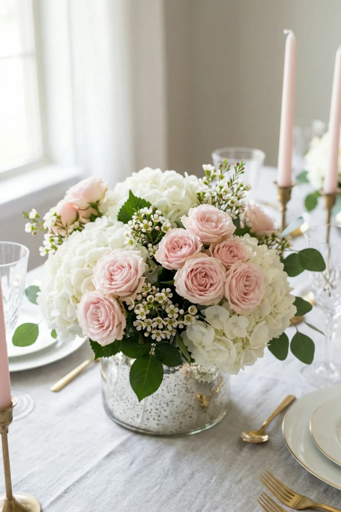 Pink Roses + White Hydrangea Arrangement