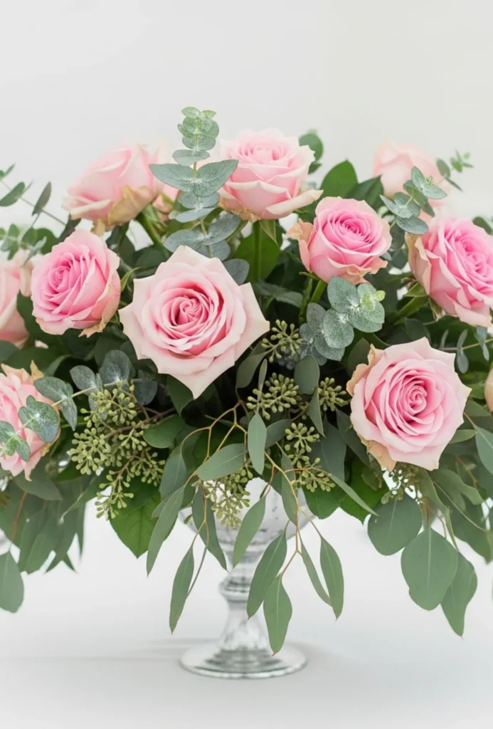Pink Roses with Eucalyptus Accents