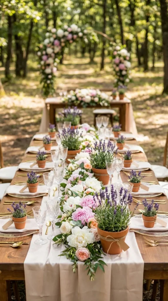 Potted Lavender Plants as Centerpieces and Favors