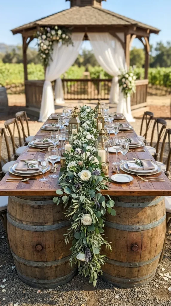 Rustic Barrel Tables with Floral Arrangements