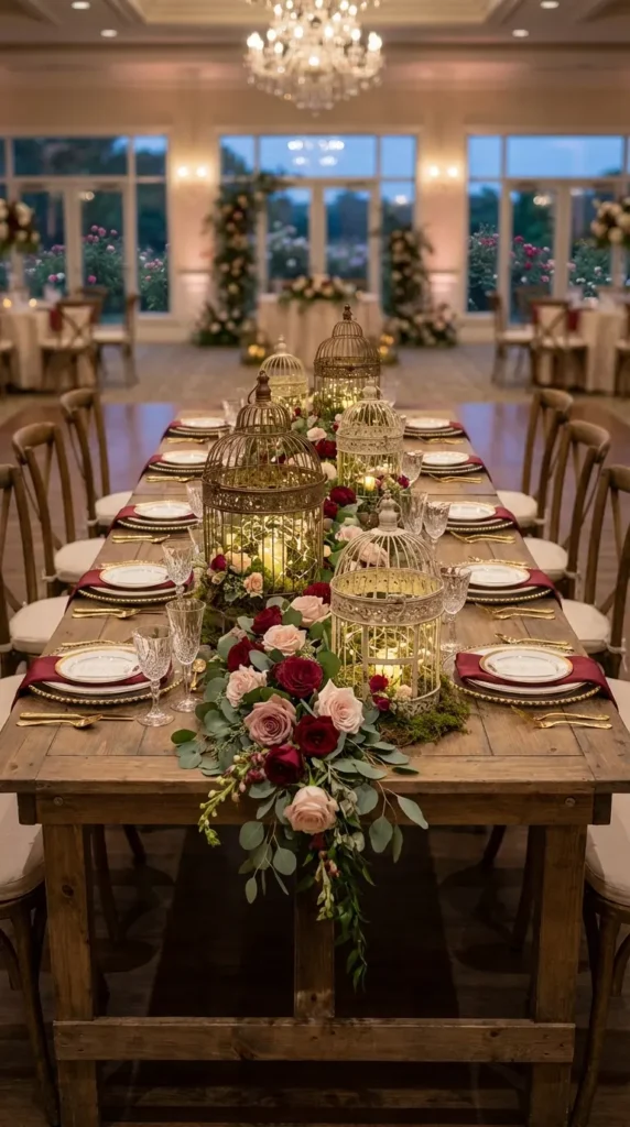 Rustic Birdcages Filled with Lights and Flowers