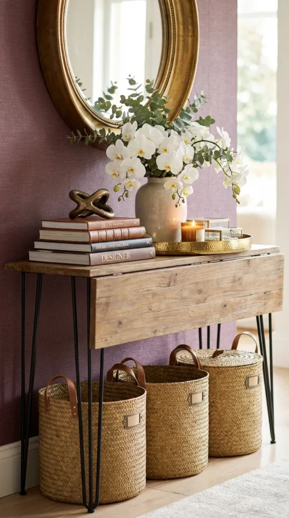 Rustic Console With Woven Basket Storage
