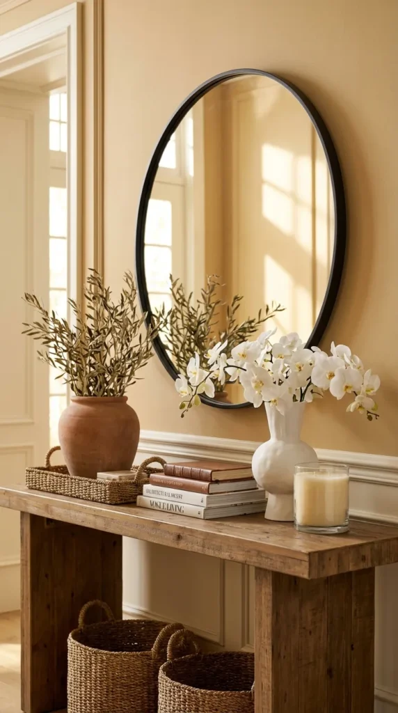 Rustic Elegance With Round Black-Framed Mirror