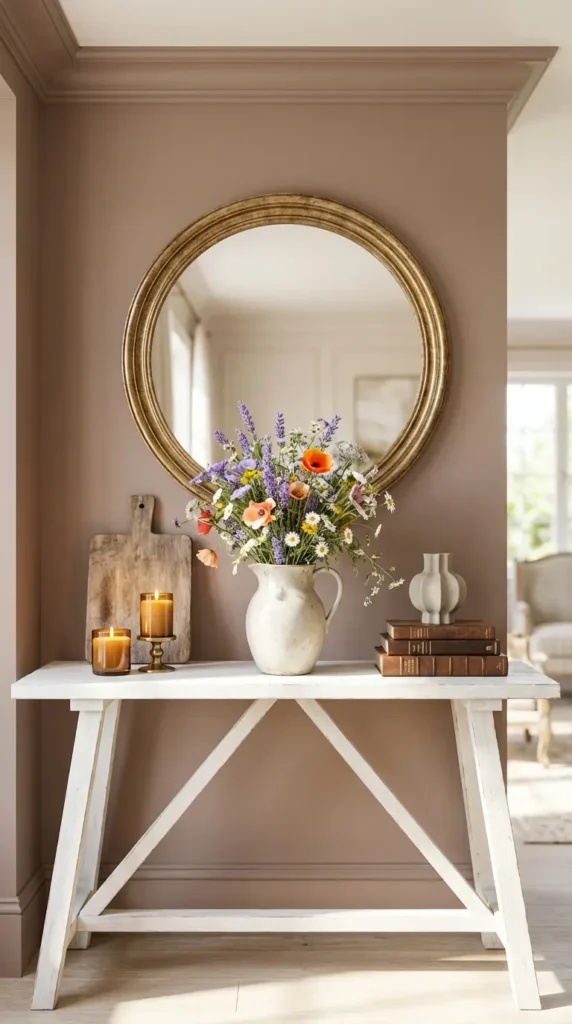 Rustic White Console With Wildflowers in Pitcher
