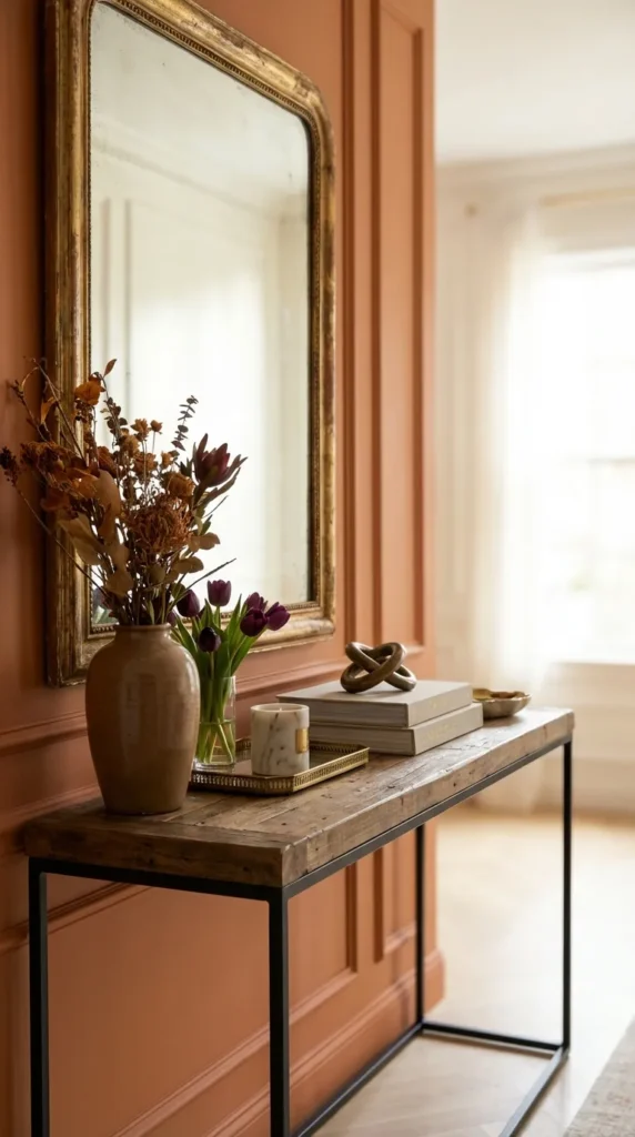 Rustic Wood Console With Vintage Mirror