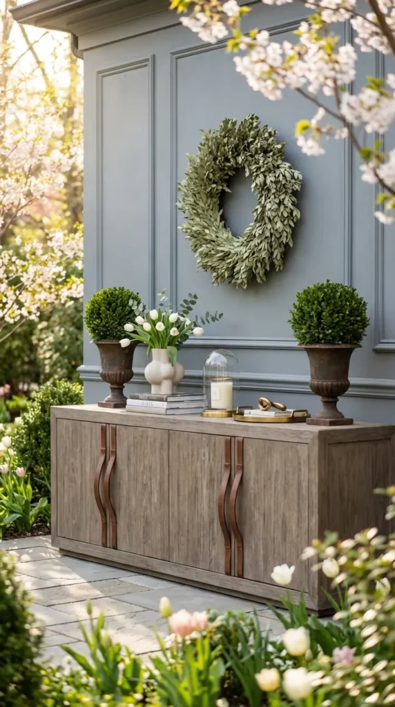Sage Wreath and Metal Planters With Topiaries