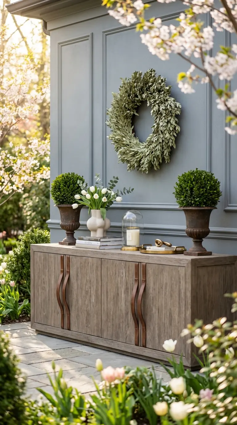 Sage Wreath and Metal Planters With Topiaries