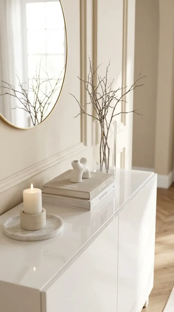 Scandinavian-Style White Console with Simple Branch Arrangement