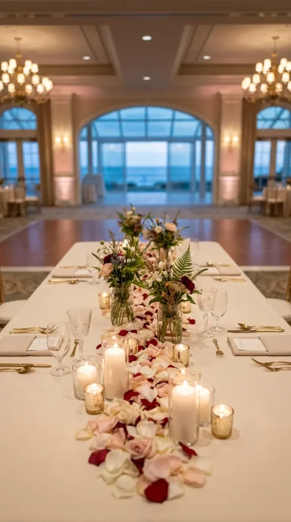 Scattered Rose Petals with Candle Clusters