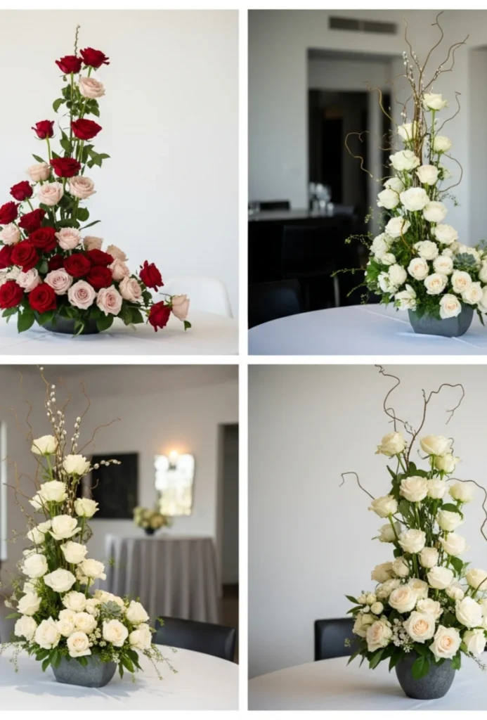 Sculptural Asymmetrical Rose Displays