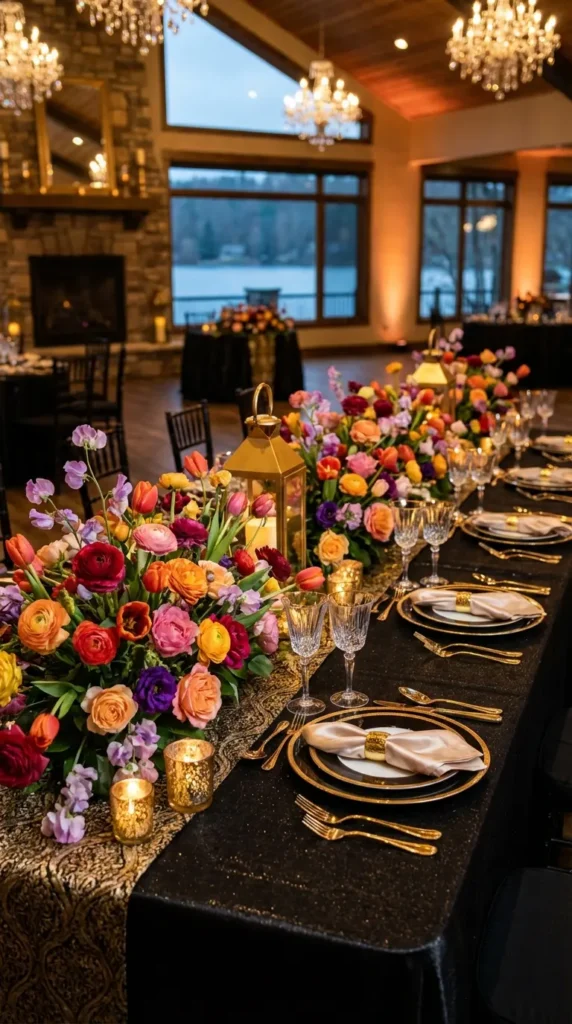 Seasonal Bright Bloom Arrangements Along Banquet Tables