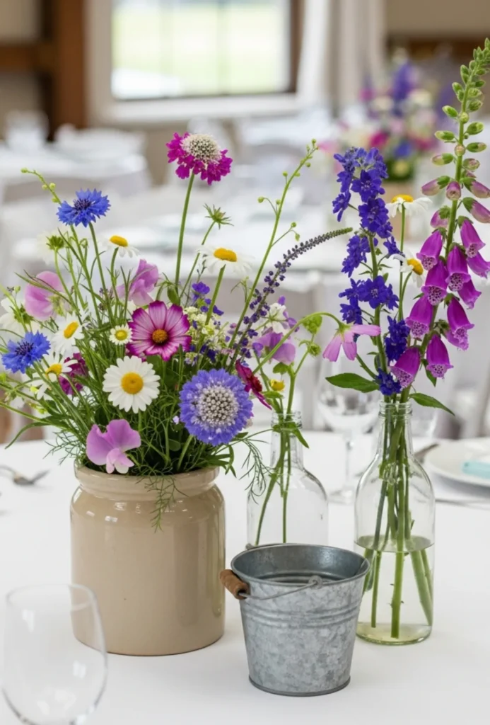 Seasonal Wildflower Mix in Rustic Vases