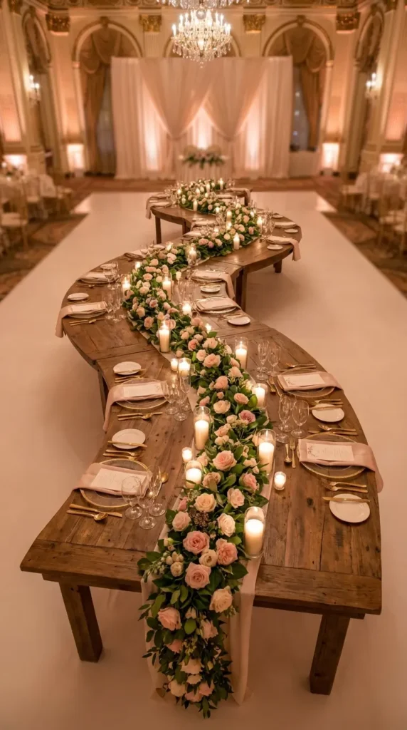 Serpentine-Style Banquet Tables With Flowing Table Decor
