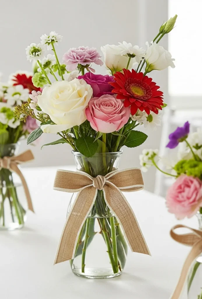Simple Floral and Ribbon Tie Vase Centerpieces