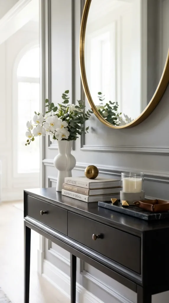 Sleek Black Console With Round Mirror Above