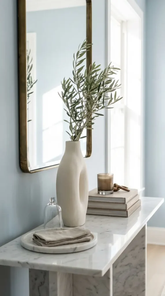Sleek White Marble Console With Tall Sculptural Vase